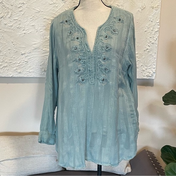 Soft Surroundings Green Beaded Embroidered Soutache Nimi Tunic Pockets Top Sz L - Picture 2 of 9